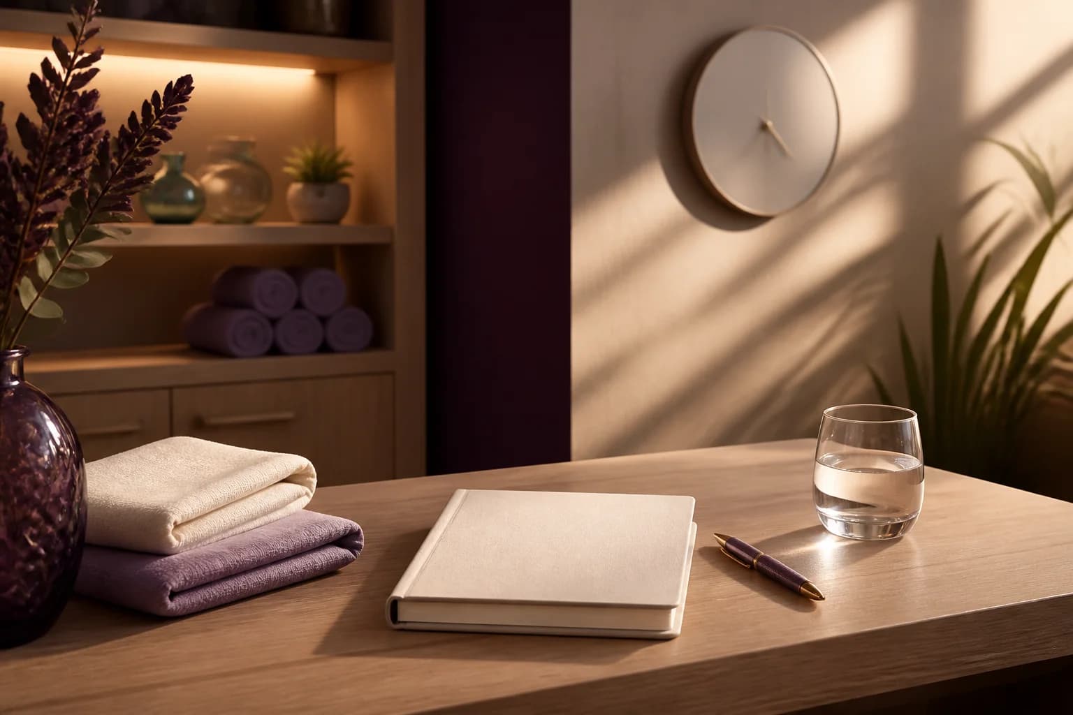 Warm appointment-planning table with a blank planner, folded cream and lavender linens, pen and water