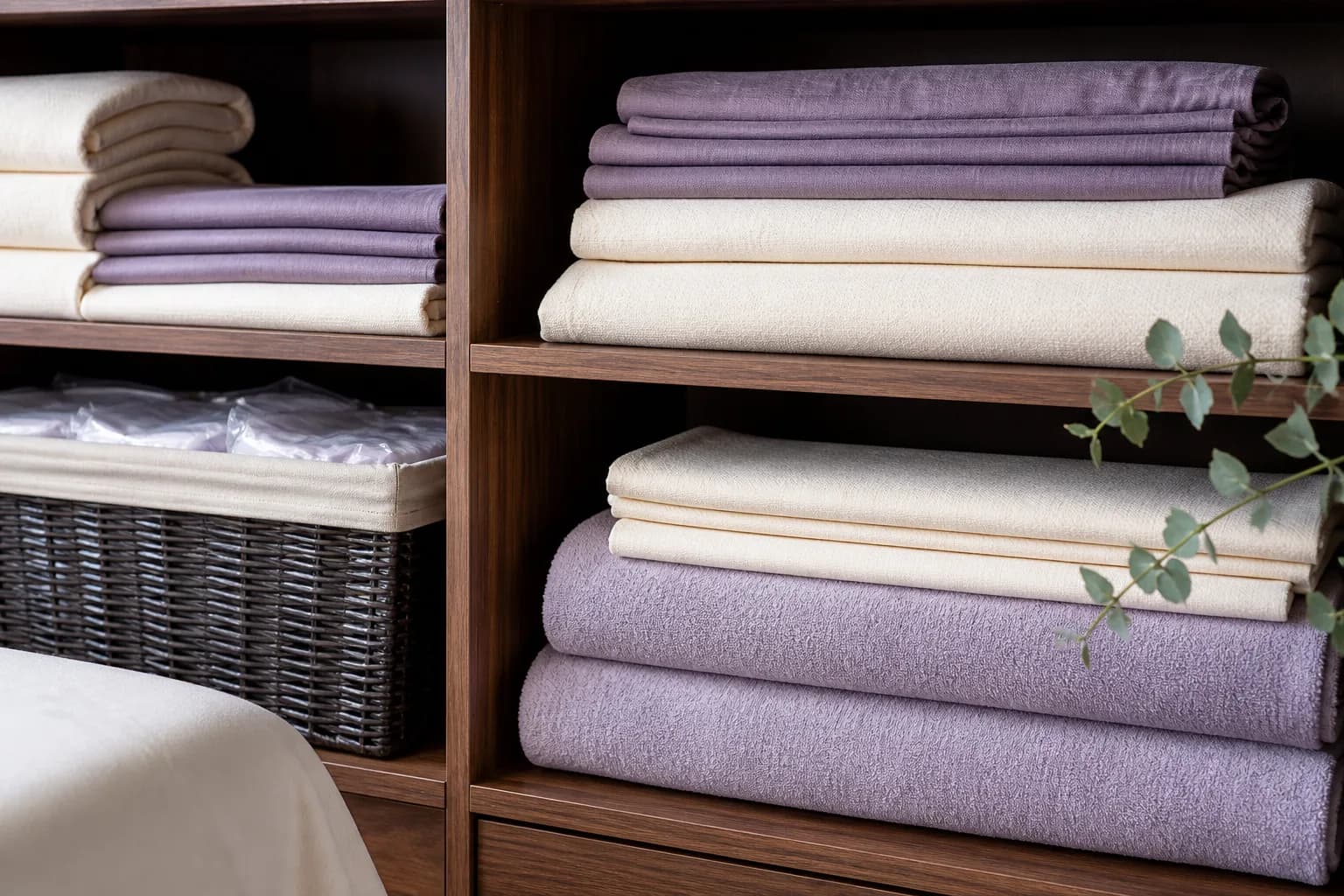 Fresh folded massage linens arranged in soft lavender and cream tones