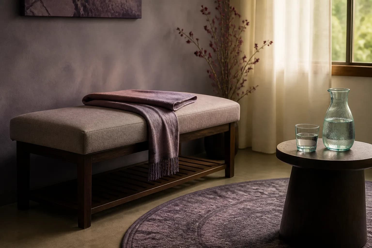 Quiet post-session setting with an empty chair, water and soft window light