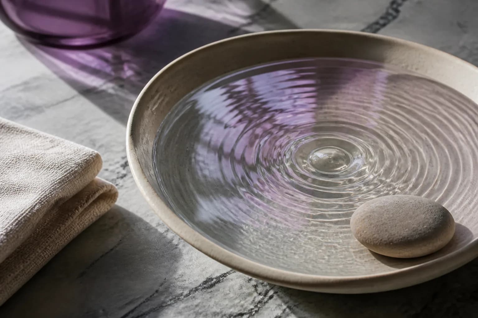 Calm water detail with smooth stone, folded cloth and reflected light